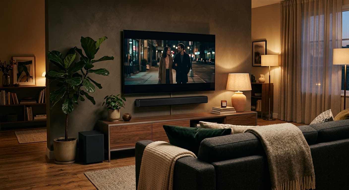 Stel geniet 's avonds van film en geluid via een wandgemonteerde tv