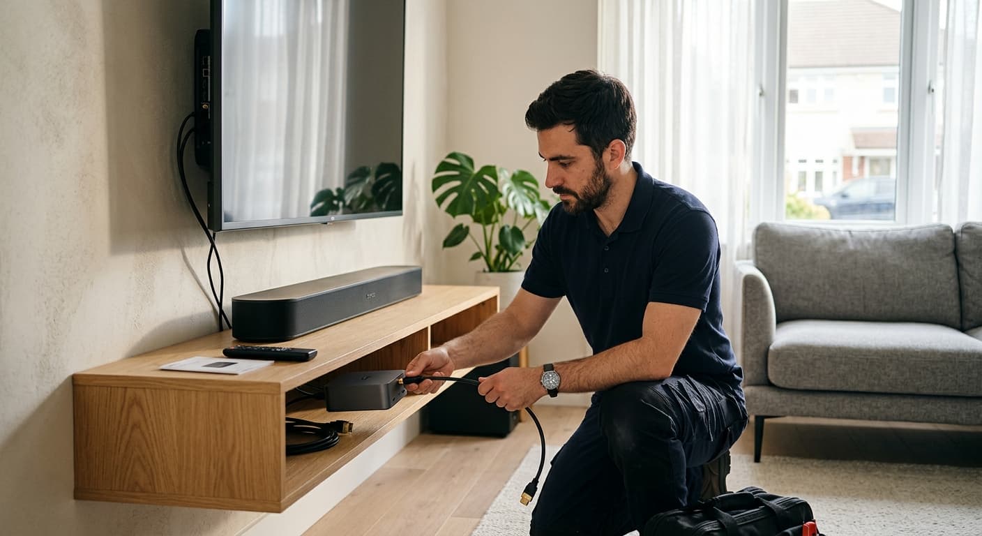 Volledig geïnstalleerde tv aan de muur in een moderne woonkamer