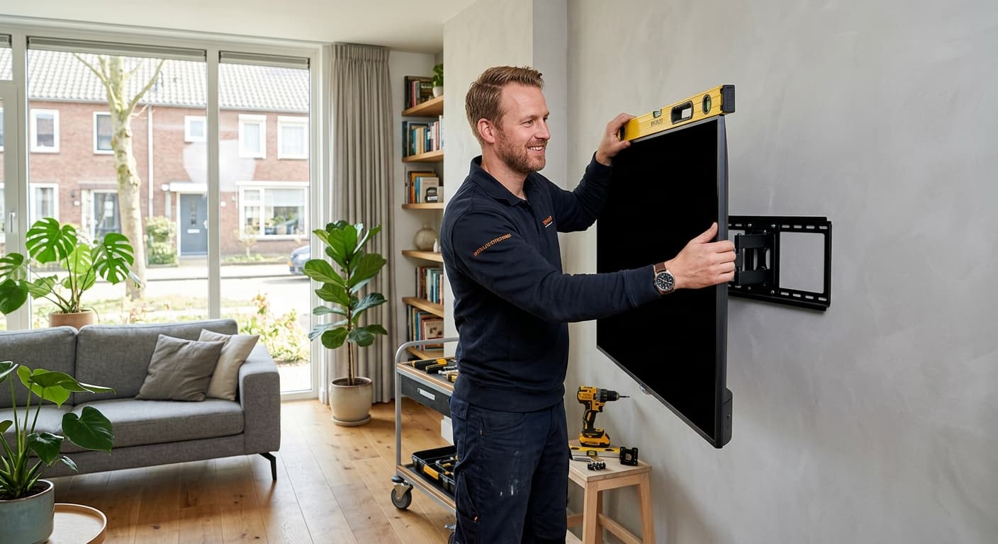 Monteur hangt een grote televisie waterpas aan de woonkamermuur